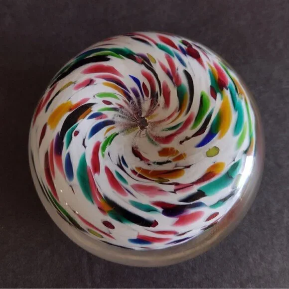 Vintage Signed 1996 Hand Blown Art Glass Paperweight Millefiori Rainbow Confetti